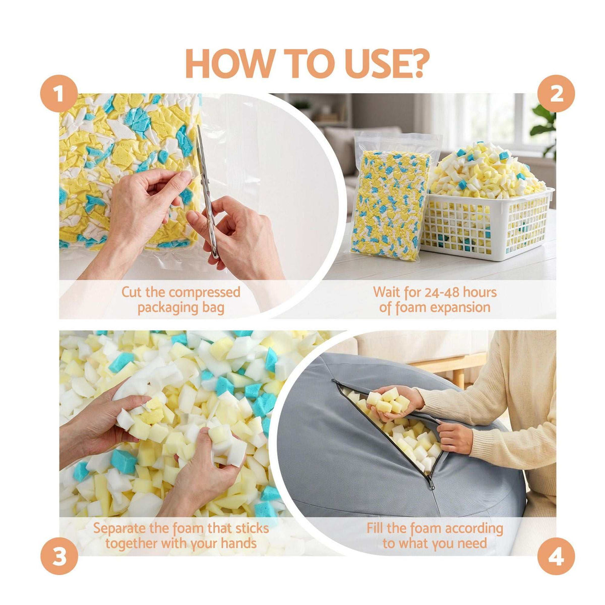 Artiss Outdoor Bean Bag Chair instruction graphic showing blue, yellow and white foam pieces expanded, separated and inserted into a grey cover