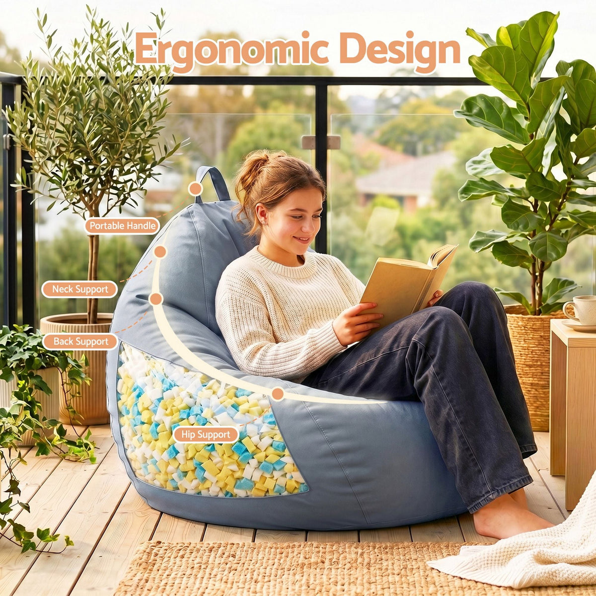 Artiss Outdoor Bean Bag Chair with grey fabric cover, ergonomic teardrop shape, side support and visible foam filling