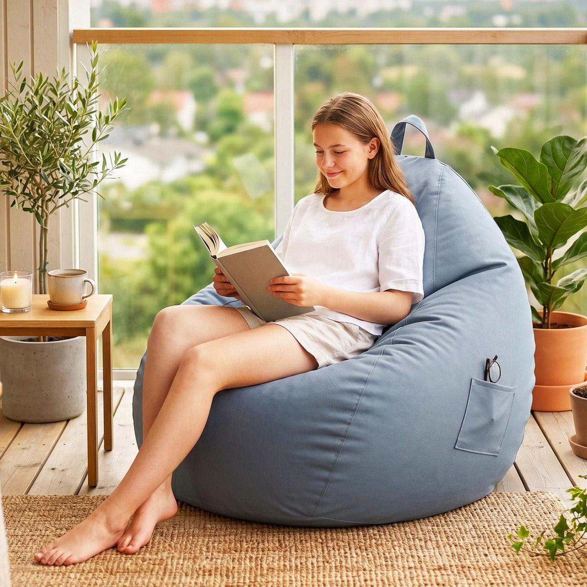Artiss Outdoor Bean Bag Chair in pale blue-grey fabric, with a teardrop shape, top carry handle and side pocket