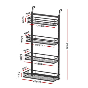 Artiss Over Door Bathroom Rack in black iron with four wire baskets and hanging door hooks, tiered 91cm design