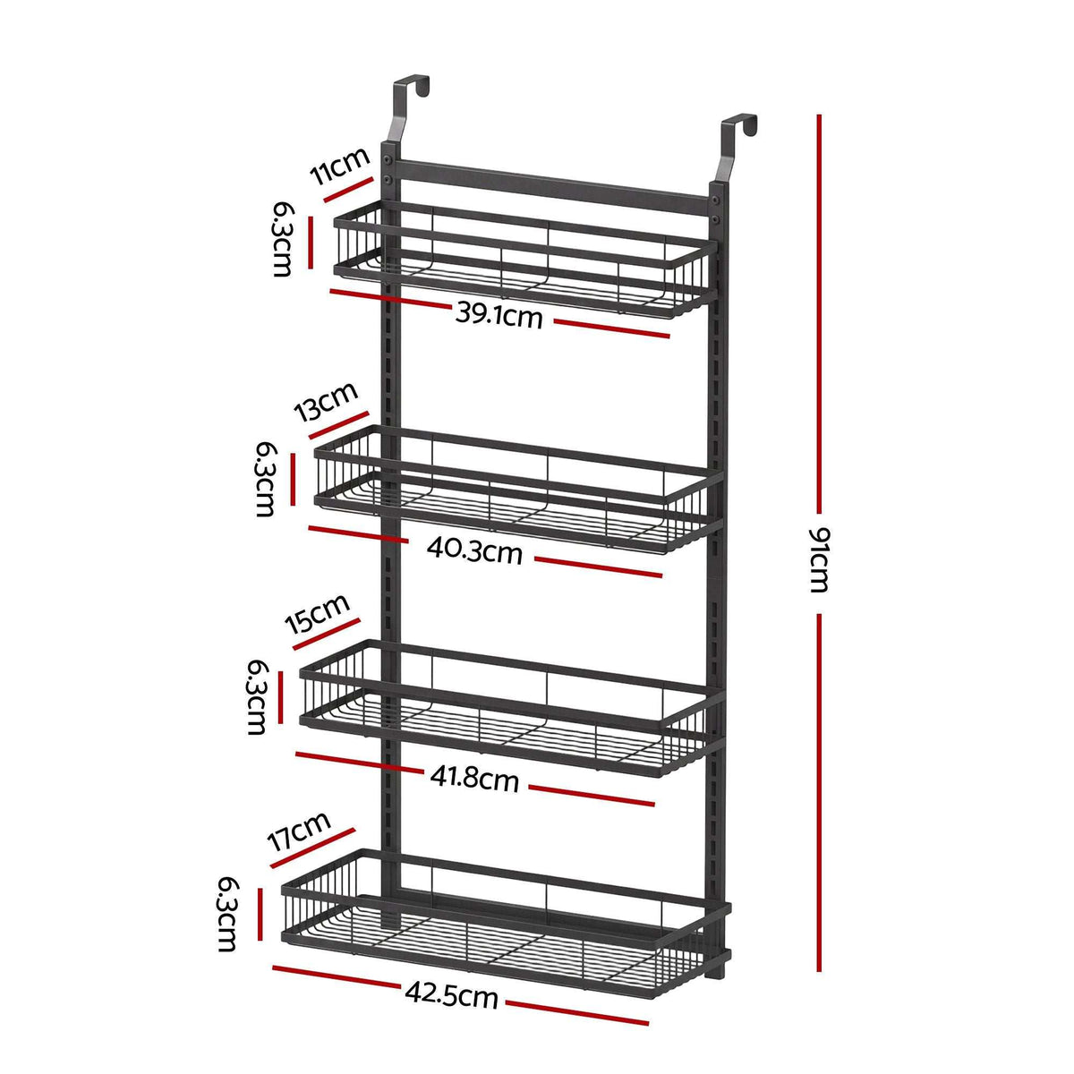 Artiss Over Door Bathroom Rack in black iron with four wire baskets and hanging door hooks, tiered 91cm design