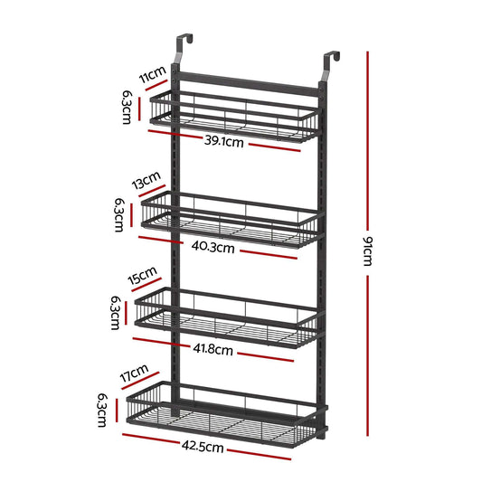 Artiss Over Door Bathroom Rack in black iron with four wire baskets and hanging door hooks, tiered 91cm design