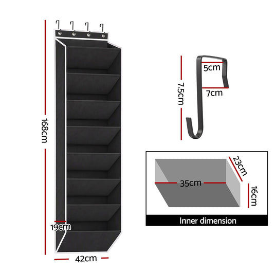 Artiss Over Door Shoe Organiser in black fabric with white trim, featuring eight angled pockets and four metal hanging hooks