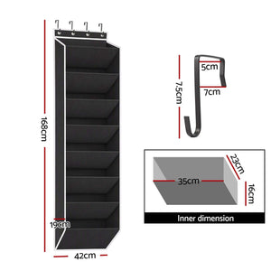 Artiss Over Door Shoe Organiser in black non-woven fabric with white trim, featuring eight angled pockets and four metal hooks