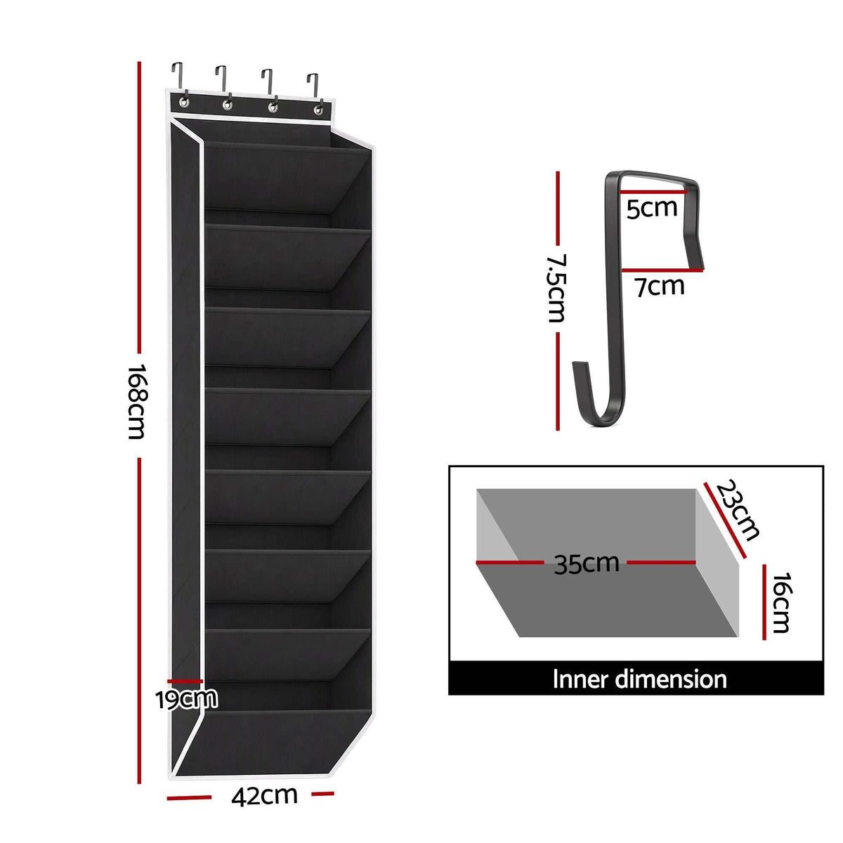 Artiss Over Door Shoe Organiser in black non-woven fabric with white trim, featuring eight angled pockets and four metal hooks