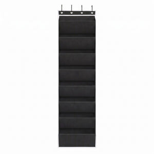 Artiss Over Door Shoe Organiser in black non-woven fabric with white trim, featuring eight deep pockets and four metal hooks