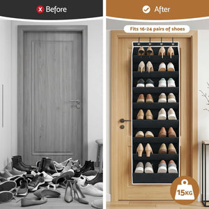 Artiss Over Door Shoe Organiser in black fabric with white trim, hanging over a door with eight tiers of shoe pockets