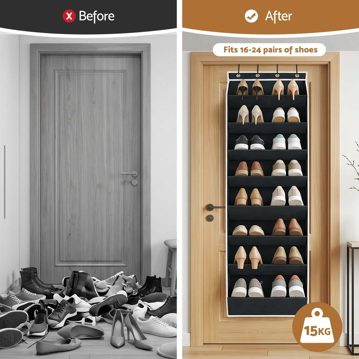 Artiss Over Door Shoe Organiser in black fabric with white trim, hanging over a door with eight tiers of shoe pockets