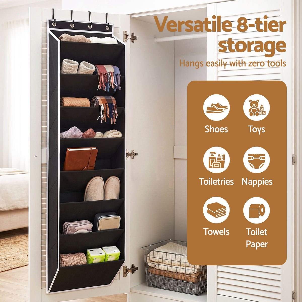 Artiss Over Door Shoe Organiser in black fabric with white trim, featuring eight open storage tiers and metal hanging hooks