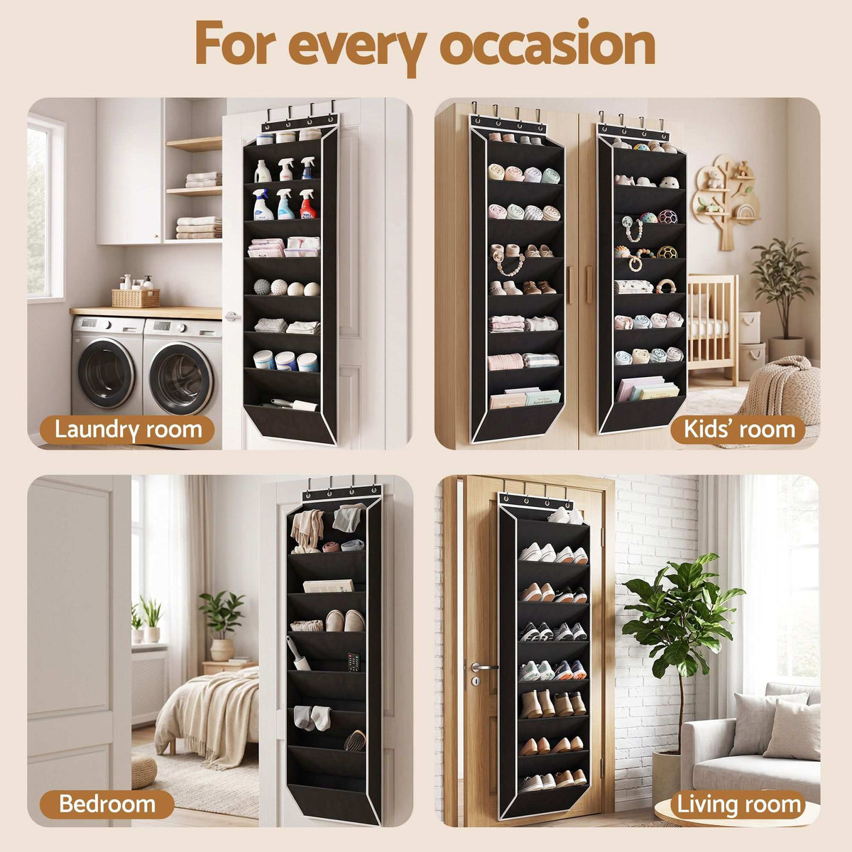 Artiss Over Door Shoe Organiser in black fabric with white trim and eight angled pockets, shown hanging in four rooms