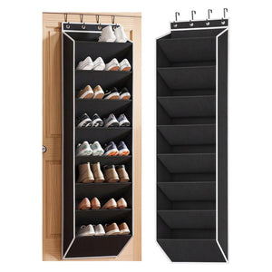 Artiss Over Door Shoe Organiser in black non-woven fabric with white trim, featuring eight angled pockets and metal hanging hooks