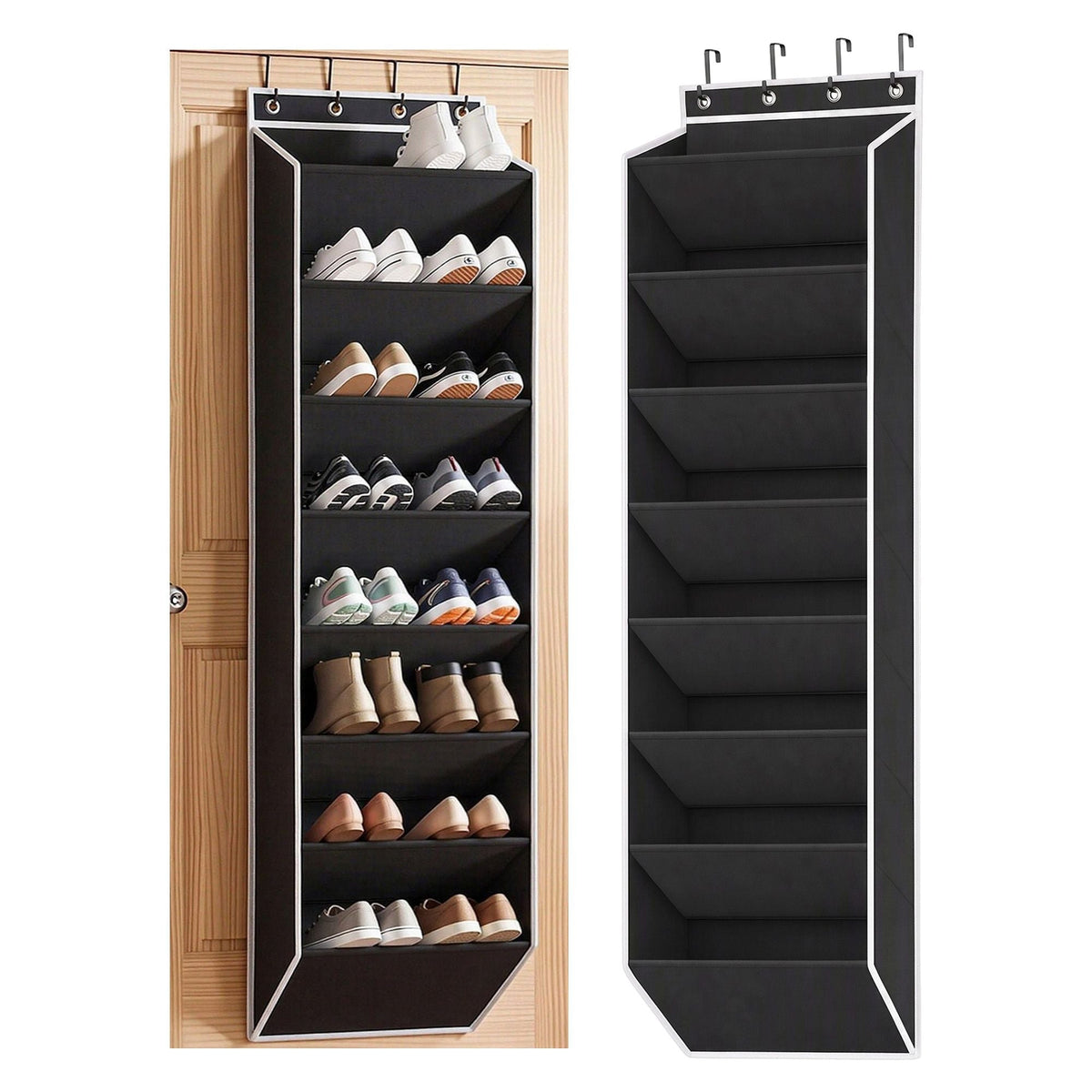 Artiss Over Door Shoe Organiser in black non-woven fabric with white trim, featuring eight angled pockets and metal hanging hooks