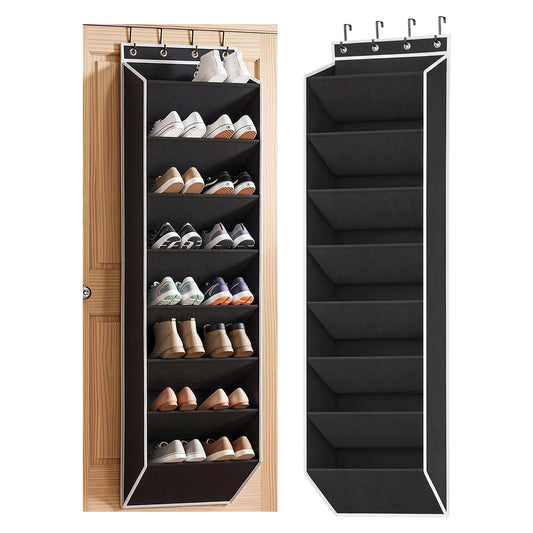 Artiss Over Door Shoe Organiser in black non-woven fabric with white trim, featuring eight angled pockets and metal hanging hooks