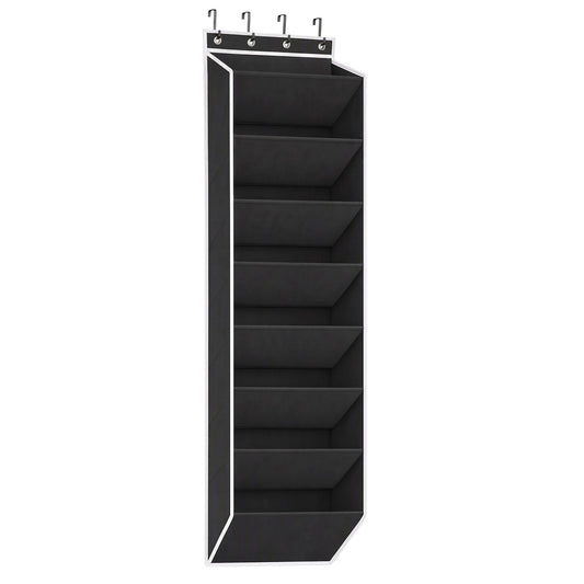 Artiss Over Door Shoe Organiser in black non-woven fabric with white trim, featuring eight angled pockets and four metal hooks.