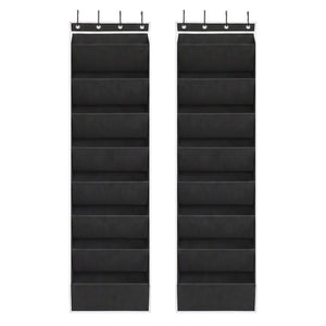 Artiss Over Door Shoe Organiser two black fabric racks with white trim, eight tiers and four metal hooks each