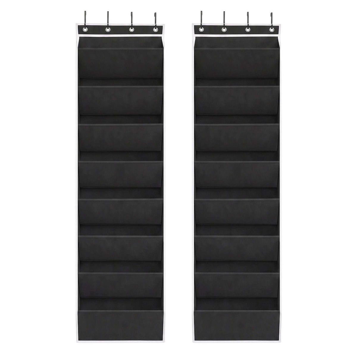 Artiss Over Door Shoe Organiser two black fabric racks with white trim, eight tiers and four metal hooks each