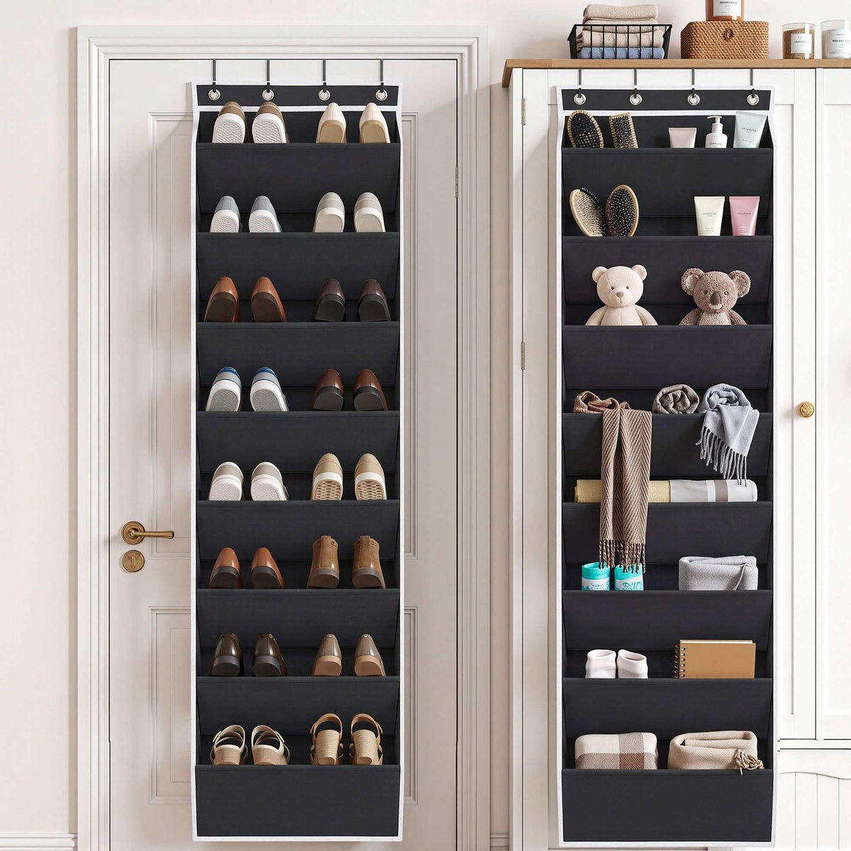 Artiss Over Door Shoe Organiser in black fabric with white trim, featuring eight tiers of deep storage pockets.