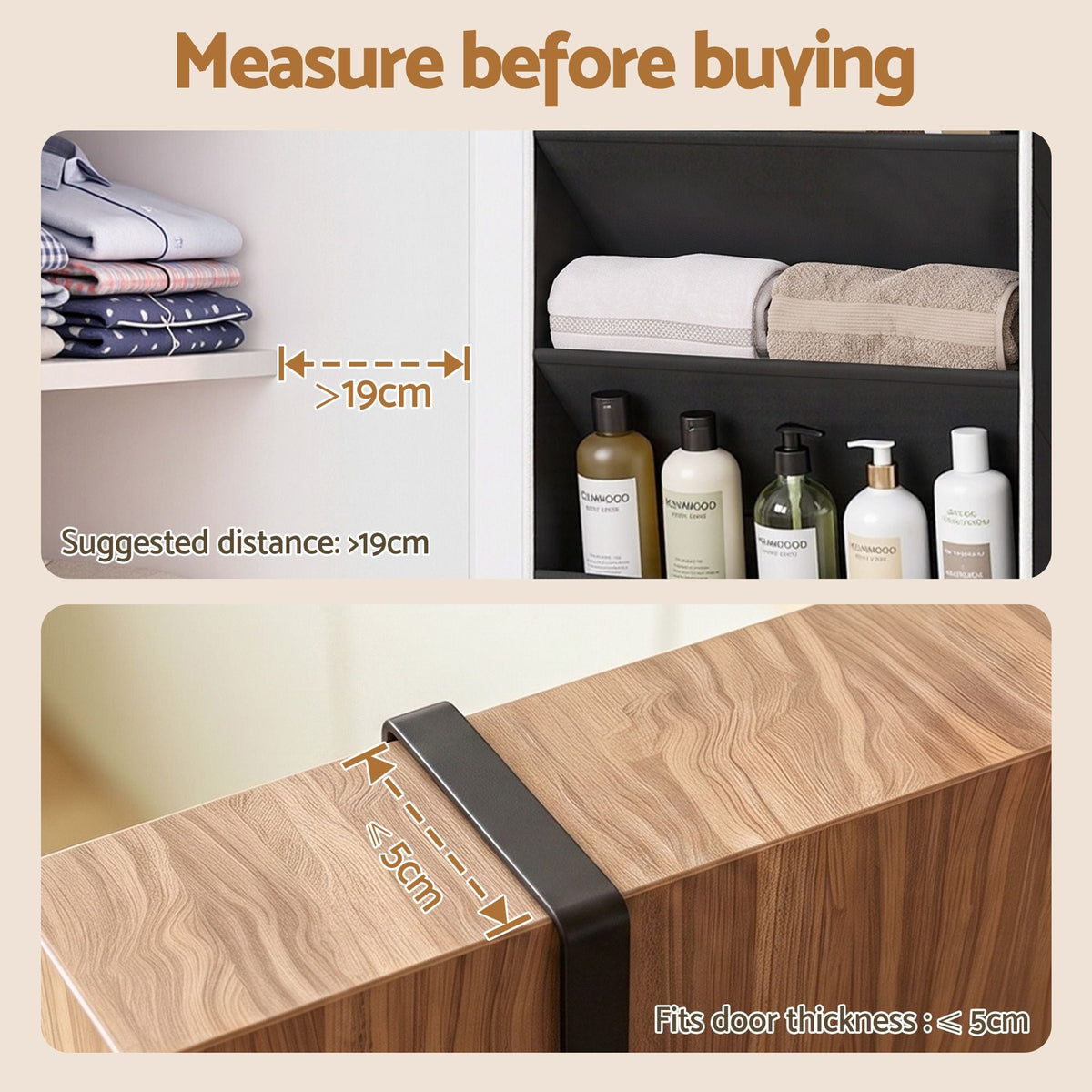 Artiss Over Door Shoe Organiser shown with a clearance guide indicating over 19cm behind the door and compatibility with doors up to 5cm thick