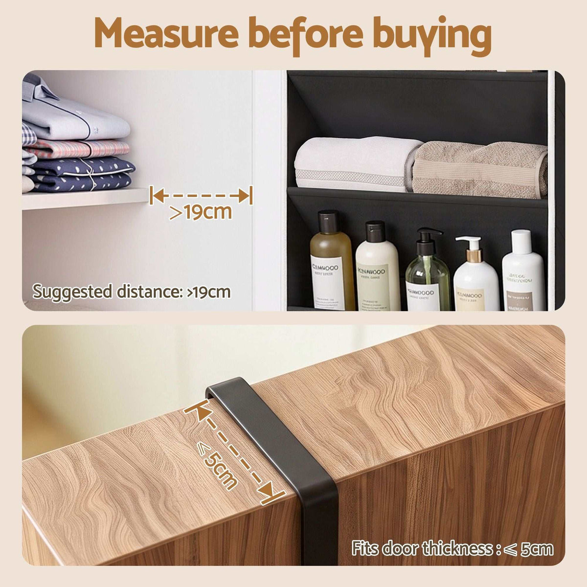 Artiss Over Door Shoe Organiser with a black metal over-door hook, showing clearance above 19cm and door thickness up to 5cm