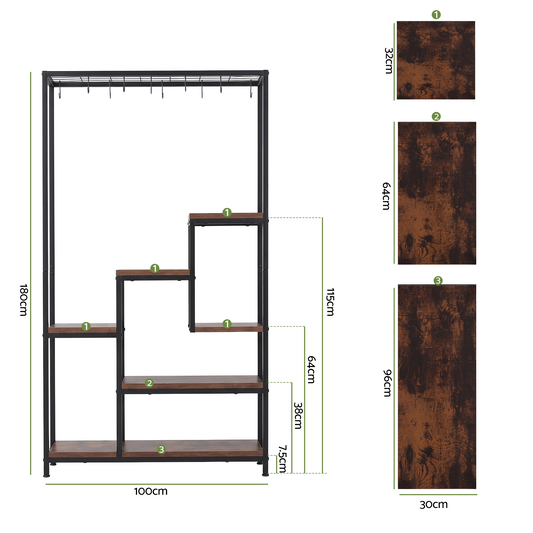 Artiss Tall Plant Stand Indoor, black iron frame with stepped walnut-brown shelves and a top rail of hanging hooks