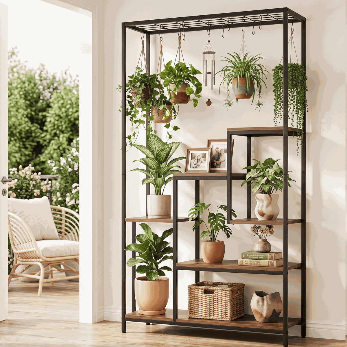 Artiss Tall Plant Stand Indoor with black metal frame, brown wood shelves, stepped tiers and hanging hooks holding plants