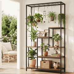 Artiss 6-Tier Tall Plant Stand with Hanging Hooks – Indoor & Outdoor, Metal & Wood, 180cm