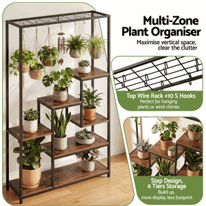 Artiss Tall Plant Stand Indoor with black metal frame, walnut-brown stepped shelves, and a top wire rack with hanging hooks