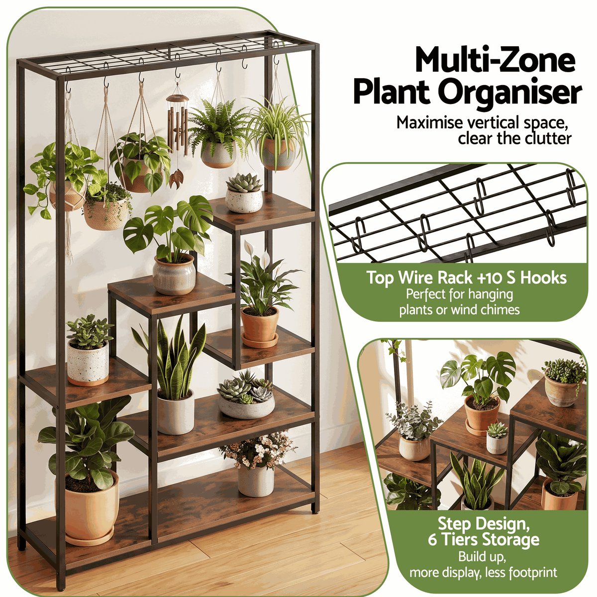 Artiss Tall Plant Stand Indoor with black metal frame, walnut-brown stepped shelves, and a top wire rack with hanging hooks