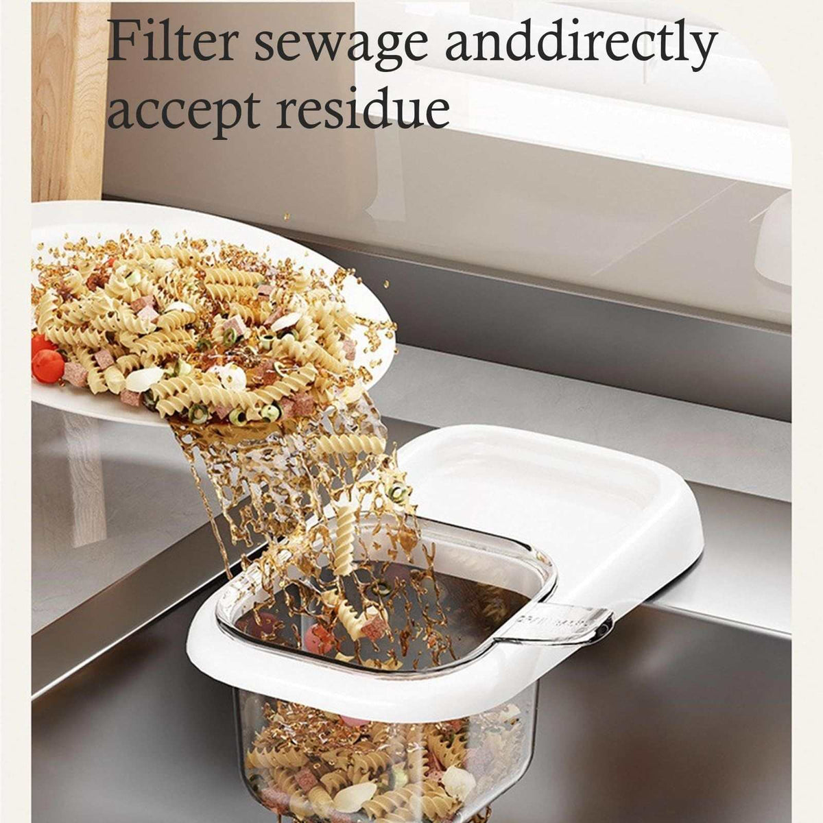 Ash self-designed Sink Drain Basket, clear plastic filter with a white rim catching food scraps and pasta beneath a plate