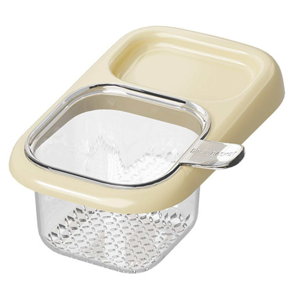 Ash self-designed Sink Drain Basket with a cream plastic rim, clear perforated basket, and chrome-toned hanging hook