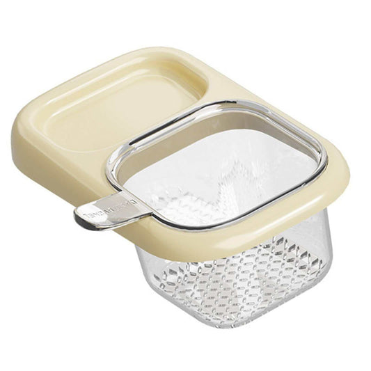 Ash self-designed Sink Drain Basket with a cream plastic hanging rim, clear perforated basket and shiny metal handle