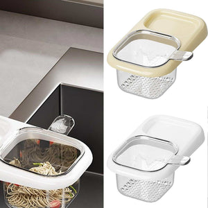 Ash self-designed Sink Drain Basket, plastic hanging strainer with a white or cream rim, clear mesh bowl and metal handle