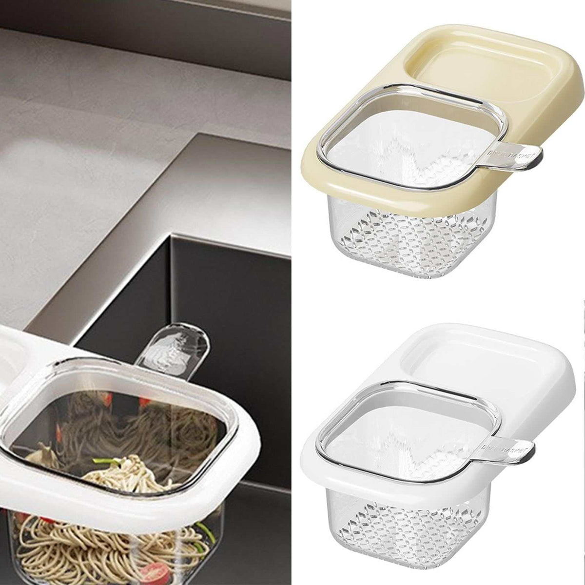 Ash self-designed Sink Drain Basket, plastic hanging strainer with a white or cream rim, clear mesh bowl and metal handle