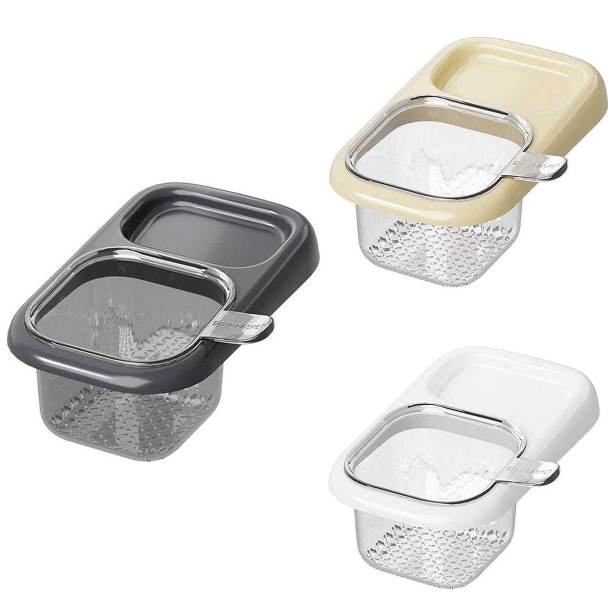 Ash self-designed Sink Drain Basket with clear plastic mesh strainer and rectangular rim, shown in charcoal, cream and white