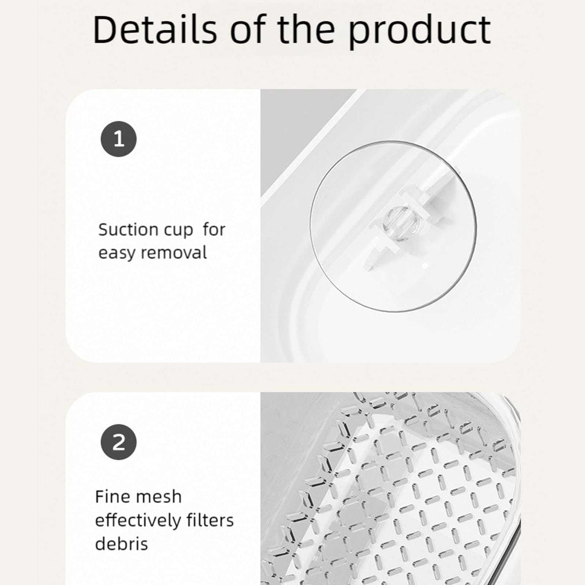Ash self-designed Sink Drain Basket shown with a suction cup attachment and fine perforated plastic mesh for filtering debris.