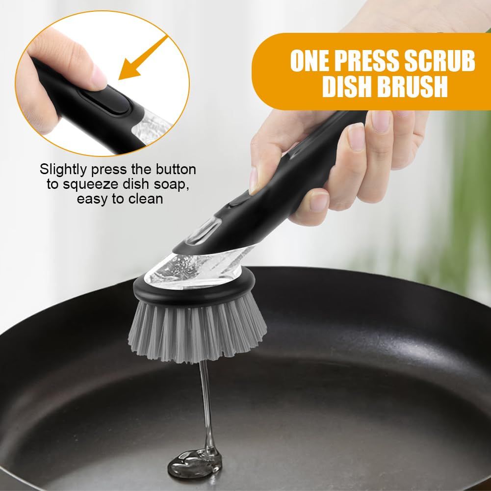 Automatic Liquid Adding dish brush with a black handle, gray nylon bristles and a press button dispensing soap