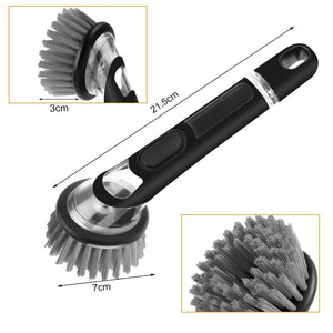 Automatic Liquid Adding dish brush in black with a clear soap reservoir, oval push button and dense gray nylon bristles