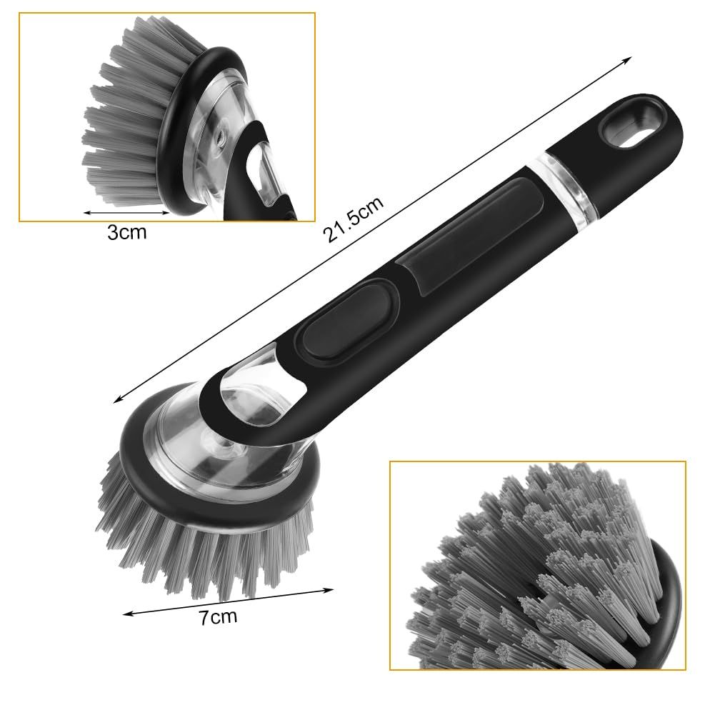 Automatic Liquid Adding dish brush in black with a clear soap reservoir, oval push button and dense gray nylon bristles