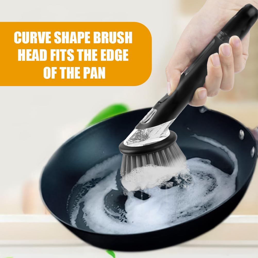 Automatic Liquid Adding dishwashing brush with a black handle and grey bristles, scrubbing sudsy cookware