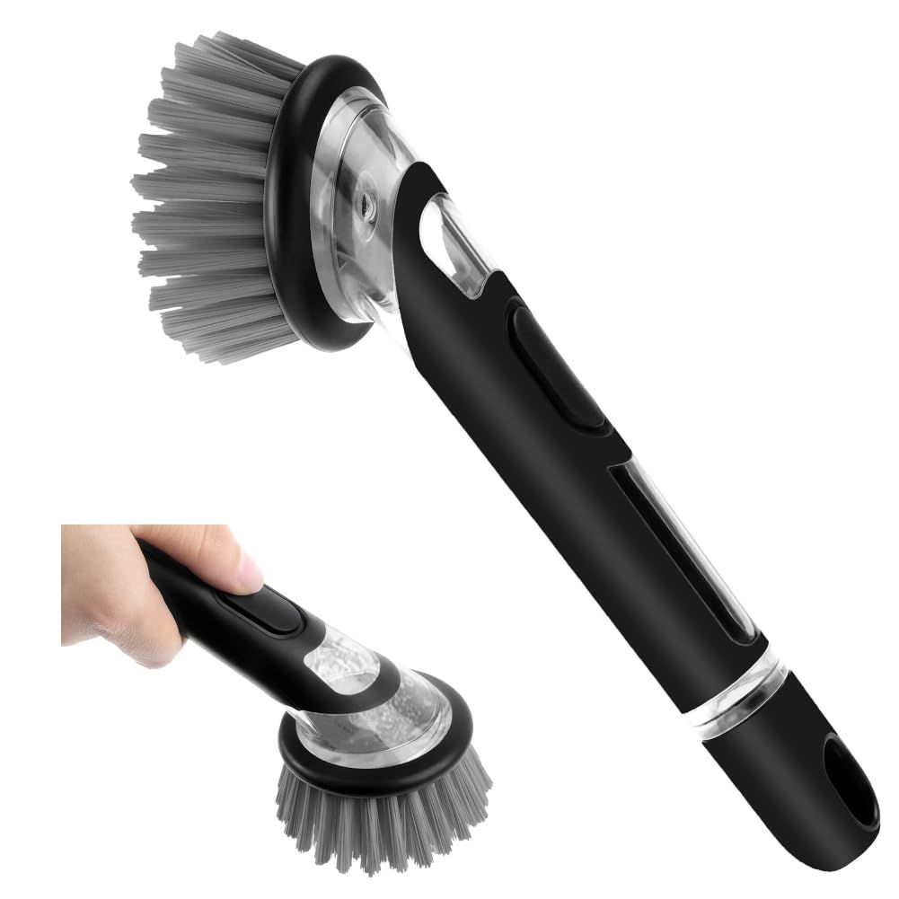 Automatic Liquid Adding dish brush with black handle, clear soap reservoir and dense gray nylon bristles