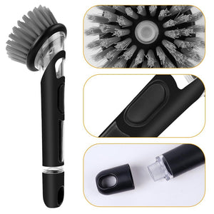 Automatic Liquid Adding dishwashing brush with a black handle, clear soap reservoir, and dense gray nylon bristles