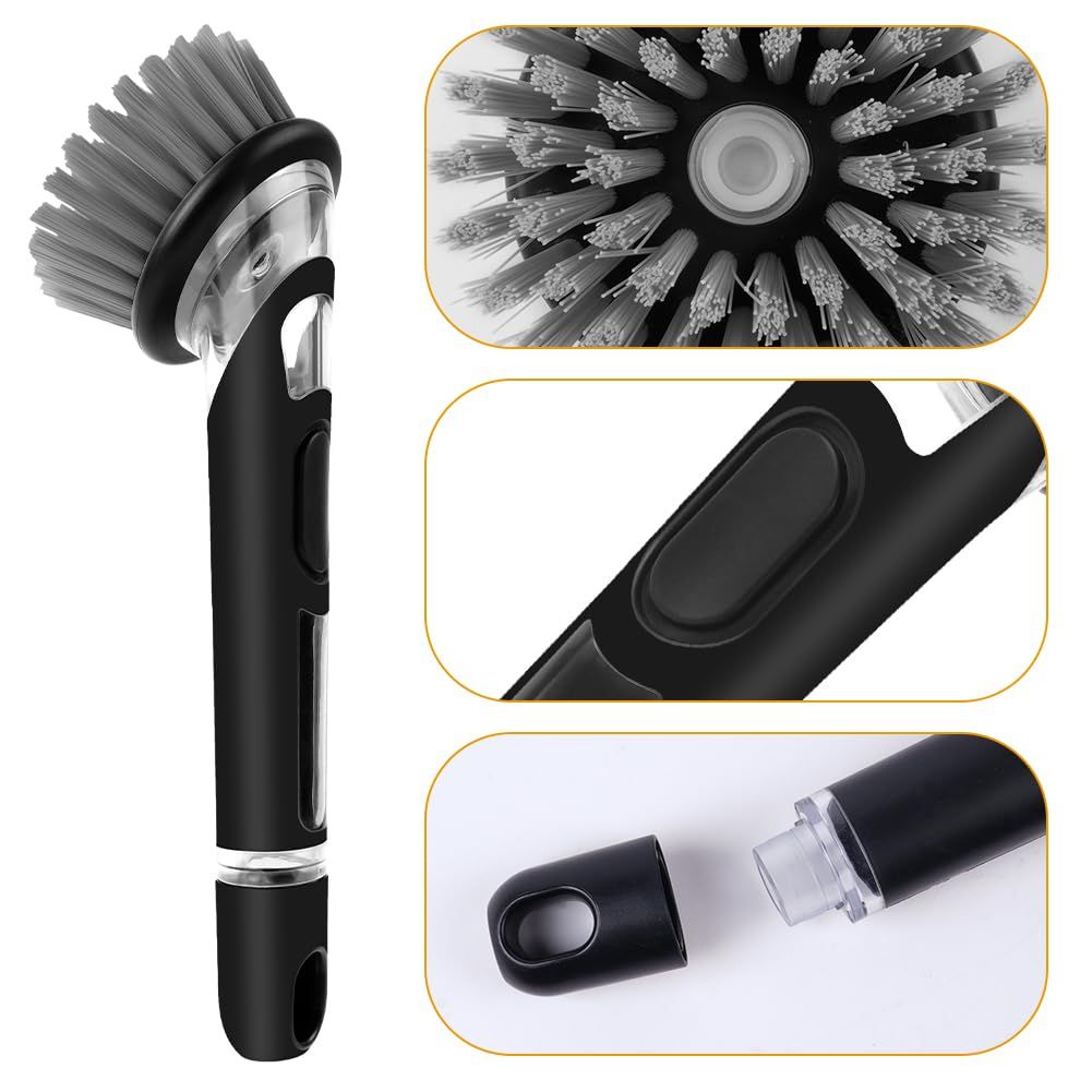 Automatic Liquid Adding dishwashing brush with a black handle, clear soap reservoir, and dense gray nylon bristles