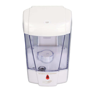 Automatic Soap Dispenser with a white ABS plastic body, clear purple-tinted reservoir, and red indicator light