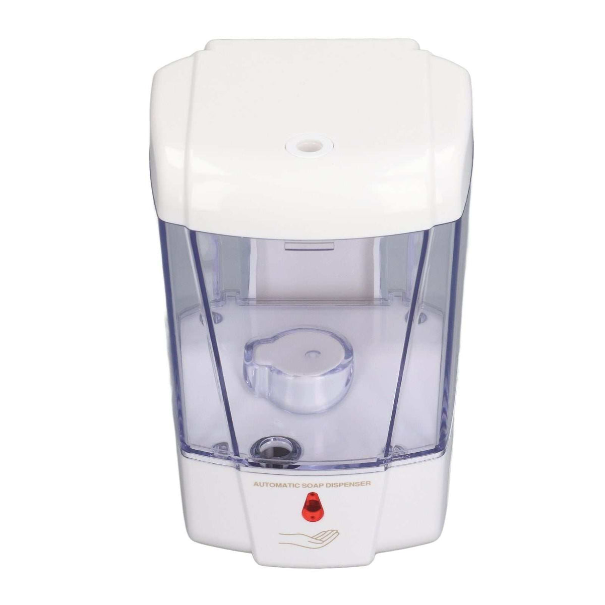 Automatic Soap Dispenser with a white ABS plastic body, clear purple-tinted reservoir, and red indicator light
