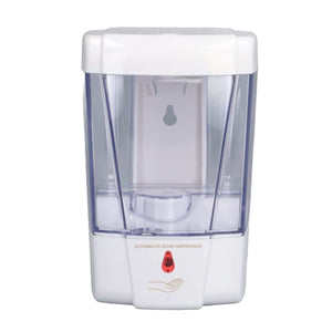 Automatic Soap Dispenser in white ABS plastic with a clear blue-tinted reservoir and red sensor indicator