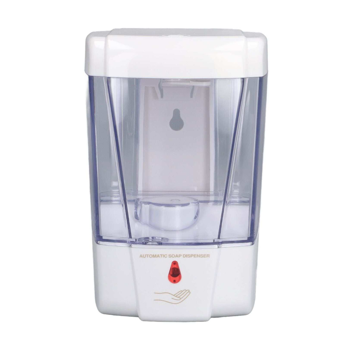 Automatic Soap Dispenser in white ABS plastic with a clear blue-tinted reservoir and red sensor indicator