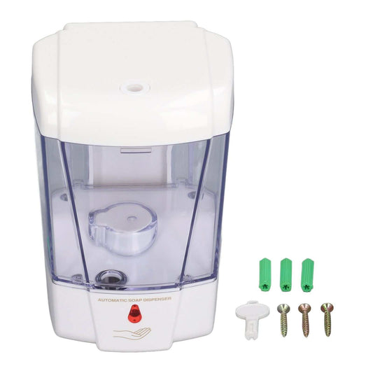 Automatic Soap Dispenser in white ABS plastic with a clear purple-tinted reservoir, red indicator and mounting hardware