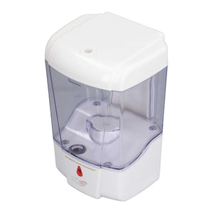 Automatic Soap Dispenser in white ABS plastic with a clear reservoir, red indicator and touchless sensor symbol