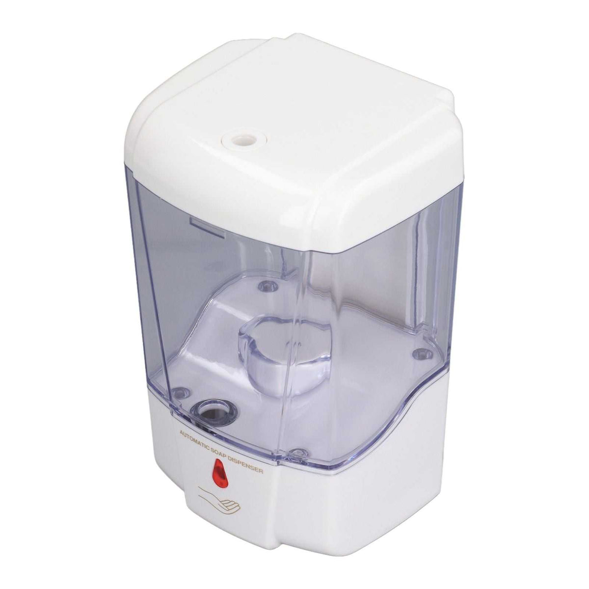 Automatic Soap Dispenser in white ABS plastic with a clear reservoir, red indicator and touchless sensor symbol