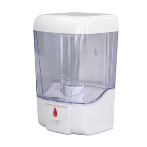Automatic Soap Dispenser with a white ABS plastic body, clear translucent reservoir, and red sensor indicator on the front